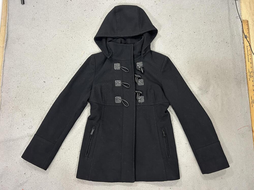 Michael Michael Kors Jacket Womens 6 Black Wool Blend Hooded Toggle Duffle Coat